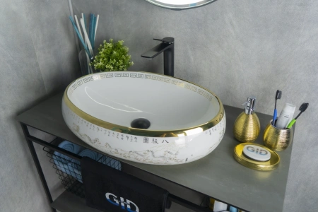 Раковина керамическая Gid Lago 52222 60х40 накладная цвет белый/золото без отверстий под смеситель