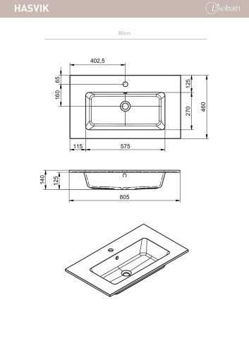 Раковина из минерального литья Visobath Hasvik 73635/S 80х46 встраиваемая цвет белый матовый без отверстий под смеситель - фото 2