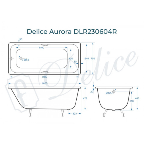Ванна чугунная Delice Aurora DLR230604R 160х75 пристенная прямоугольная - фото 2