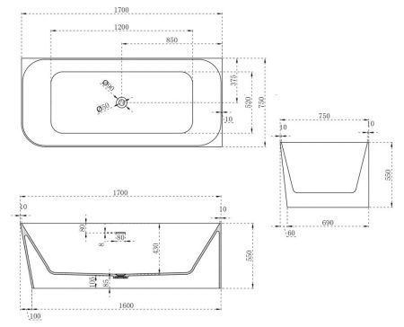 Ванна из искусственного камня Abber Stein AS9621-1.7 R 170х75 пристенная асимметричная с ножками