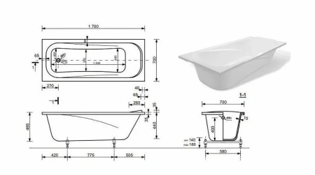 Ванна из литьевго мрамора Taliente Bolseno Matt BL17070Matt 170х70 пристенная прямоугольная без ножек и каркаса