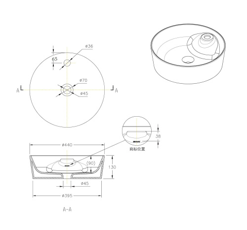 Раковина из сантехнического фарфора Bravat C22239W-1-ENG 44х44 накладная цвет белый - фото 2
