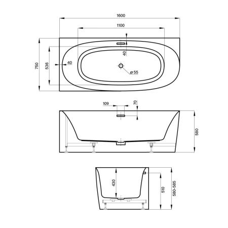 Ванна акриловая Wellsee Belle Spa 2.0 235802000 160х75 пристенная асимметричная с каркасом