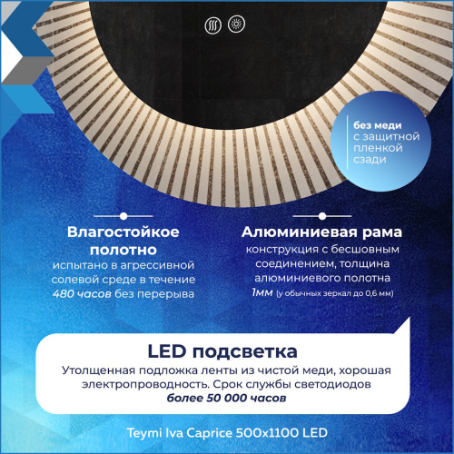 Зеркало с подсветкой Teymi Iva Caprice T20610 50х110 подвесное - фото 5