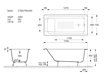 Ванна чугунная Vinsent Veron Italon VIT1707045-AS 170х70 пристенная прямоугольная с ножками