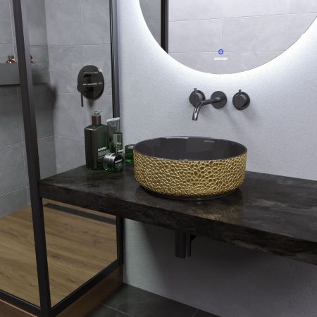 Раковина из сантехнического фаянса Grossman Color GR-5010GBL 40х40 накладная цвет черный/золото без отверстий под смеситель