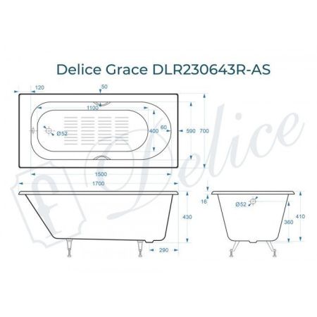 Ванна чугунная Delice Grace DLR230643R-AS 170х70 пристенная прямоугольная без ножек с отверстиями под ручки