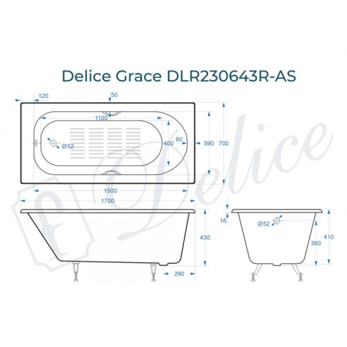 Ванна чугунная Delice Grace DLR230643R-AS 170х70 пристенная прямоугольная - фото 2