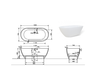 Ванна из литьевго мрамора Taliente Nemi NE15075 150х75 отдельностоящая овальная без ножек и каркаса