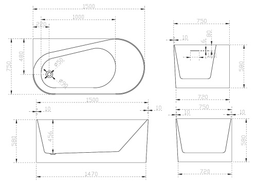 Ванна акриловая ABBER AB9496-1.5 L 150х75 пристенная угловая асимметричная - фото 5