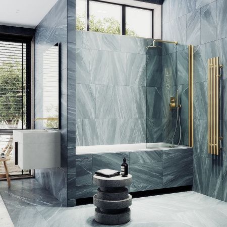 Душевая шторка на ванну Maybah Glass MGV-596-3 40х140 стекло прозрачное профиль золото ориентация универсальная