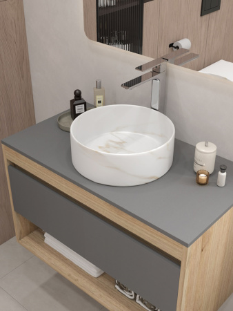 Раковина из сантехнического фарфора Teymi Lina T50182 36х36 накладная цвет белый мрамор без отверстий под смеситель