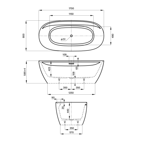 Ванна акриловая Wellsee Pro Line 287501000 170х80 отдельностоящая овальная с ножками