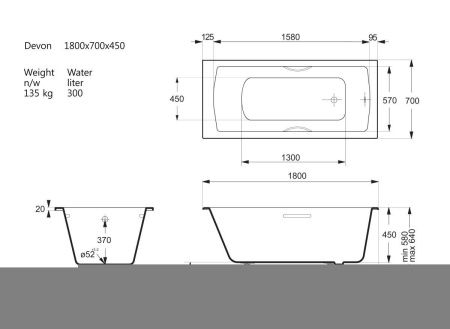 Ванна чугунная Vinsent Veron Devon VDV1807045H/E60327CH 180х70 пристенная прямоугольная с ножками с ручками