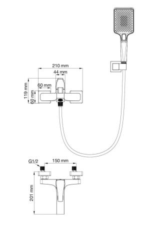 Смеситель для ванны и душа Wonzon & Woghand FLEX WW-88037072-BN настенный никель