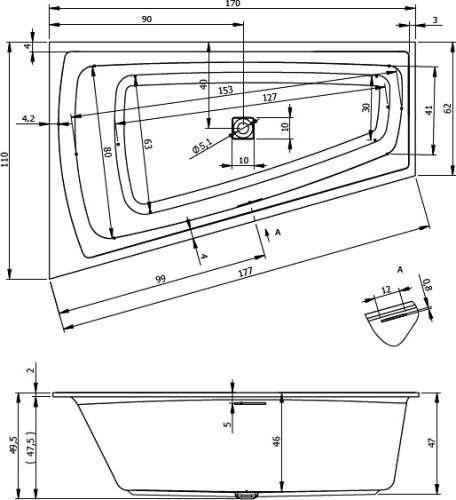 Ванна акриловая Riho STILL SMART B101001005 170х110 пристенная асимметричная - фото 3