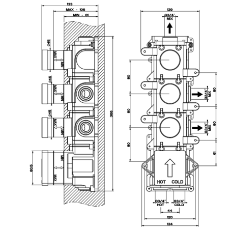 Внутренняя часть встраиваемого термостатического смесителя с 3мя независимыми выходами Gessi 43105#031