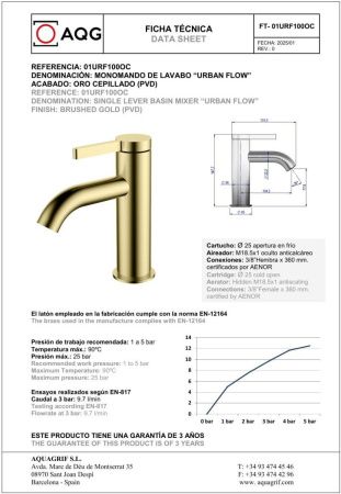 Смеситель AQG Urban Flow 01URF100OC на раковину золото