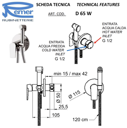 Гигиенический душ со смесителем Remer D65W хром