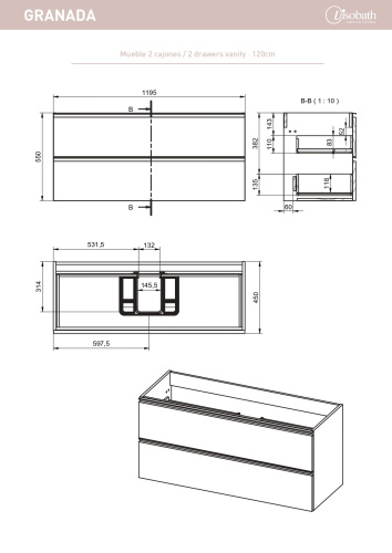 Тумба под раковину Visobath Granada 87545/87608 120х45х55 подвесная цвет темно-серый - фото 2