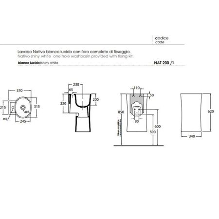 Раковина из сантехнического фаянса Azzurra Nativo LALS035370NM/(NAT200/1 bi)*1 40х40 подвесная цвет белый 1 отверстие под смеситель