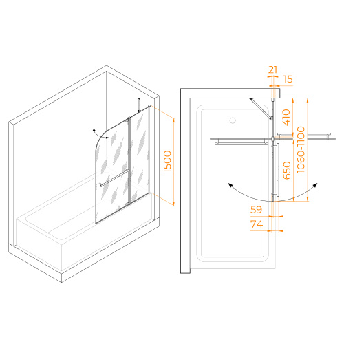 Душевая шторка на ванну RGW Screens 03110311-11 110х150 стекло прозрачное профиль хром глянцевый ориентация универсальная - фото 2