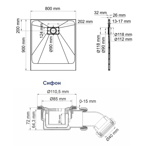 Душевой поддон WasserKRAFT Main 41T 41T20 90х80 стеклопластик белый - фото 2