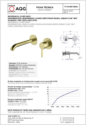 Смеситель AQG Urban Flow 01URF160OC встраиваемый в стену золото матовое - фото 2