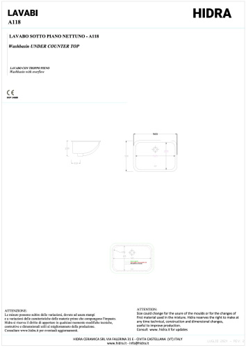 Раковина керамическая Hidra Lavabi A118/001 55х40 встраиваемая цвет белый глянцевый без отверстий под смеситель - фото 2