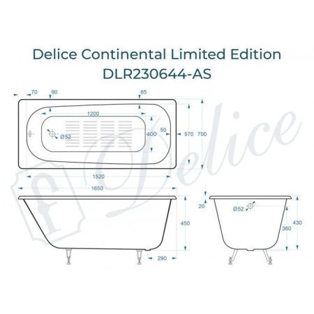 Ванна чугунная Delice Continental Limited Edition DLR230644-AS 165х70 пристенная прямоугольная без ножек с антискользящим покрытием