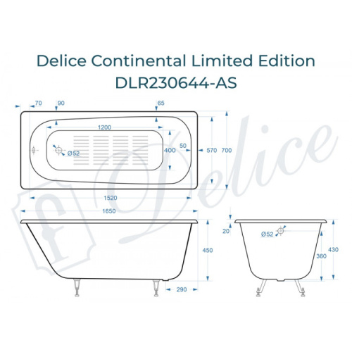Ванна чугунная Delice Continental Limited Edition DLR230644-AS 165х70 пристенная прямоугольная - фото 2