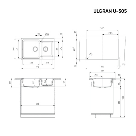 Кухонная мойка Ulgran Classic U-505-342 77х50 цвет графит