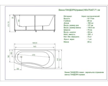 Ванна акриловая Aquatek Пандора PAN160-0000039 160х75 пристенная асимметричная с каркасом без ручек