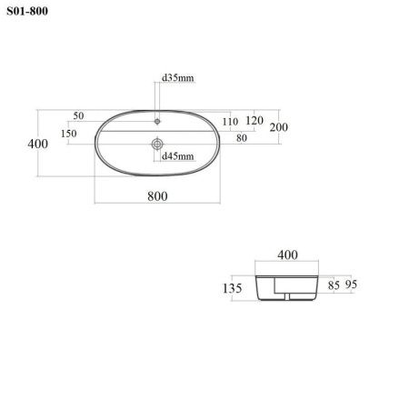 Раковина из сантехнического фарфора Bond Oval S01-800 80х40 накладная цвет белый 1 отверстие под смеситель