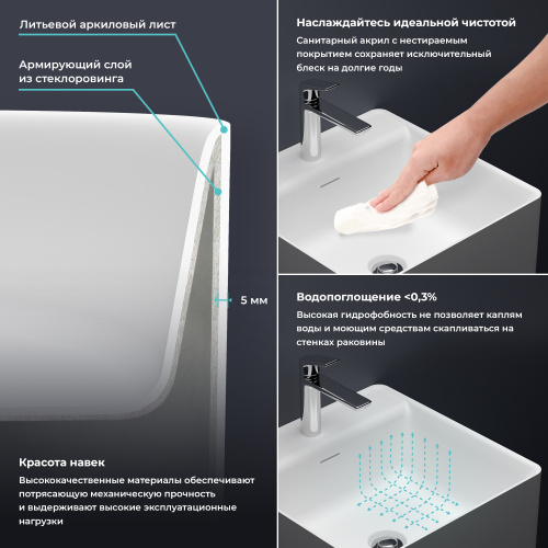 Раковина акриловая Wellsee Pure BY Wellsee 230714000 45х45 напольная цвет белый глянцевый 1 отверстие под смеситель - фото 5 Раковина акриловая Wellsee Pure BY Wellsee 230714000 45х45 напольная цвет белый глянцевый 1 отверстие под смеситель - фото 5