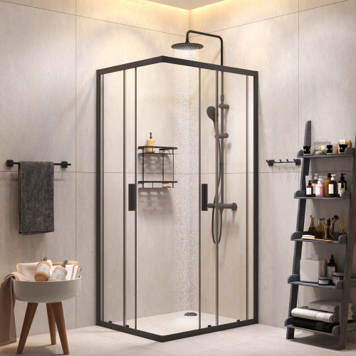 Комплект душевого уголка с душевой системой и аксессуарами Am.Pm Gem S WK93EQ стекло прозрачное профиль черный матовый без поддона - фото 3