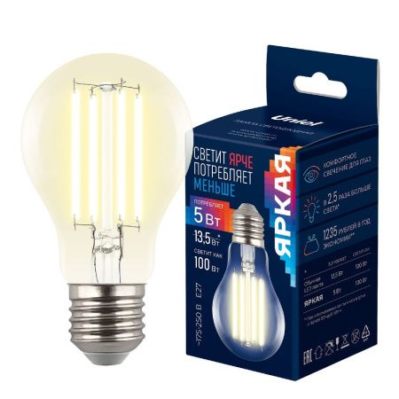 Лампа светодиодная Uniel LED-A60-5W/3000K/E27/CL GLY01TR