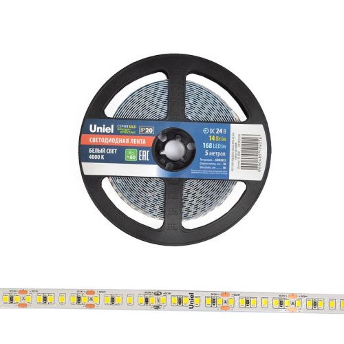 Светодиодная лента Uniel ULS-2835 ULS-2835-168LED/m-10mm-IP20-DC24V-14W/m-5M-4000K катушка в герметичной упаковке - фото 4