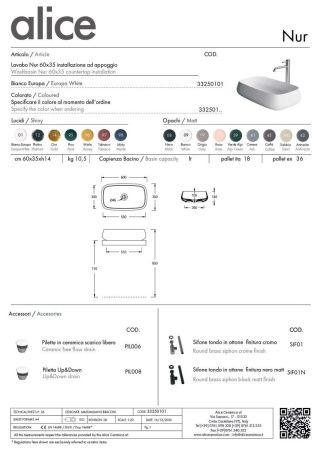 Раковина керамическая Alice Nur 33250101 60х40 накладная цвет белый