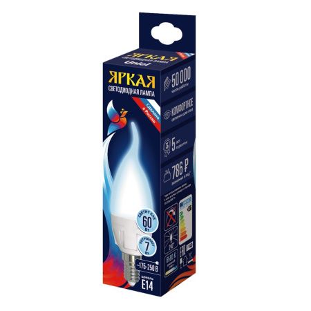 Лампа светодиодная Uniel LED-CW37 7W/6500K/E14/FR PLP01WH