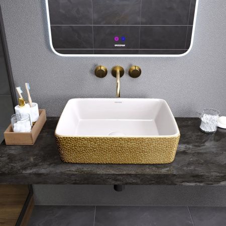 Раковина из сантехнического фаянса Grossman Color GR-3016GWL 50х40 накладная цвет белый/золото без отверстий под смеситель