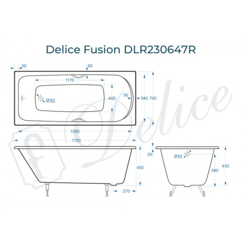 Ванна чугунная Delice Fusion DLR230647R 170х70 пристенная прямоугольная - фото 2