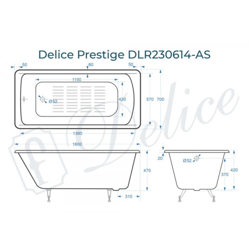 Ванна чугунная Delice Prestige DLR230614-AS 160х70 пристенная прямоугольная - фото 2