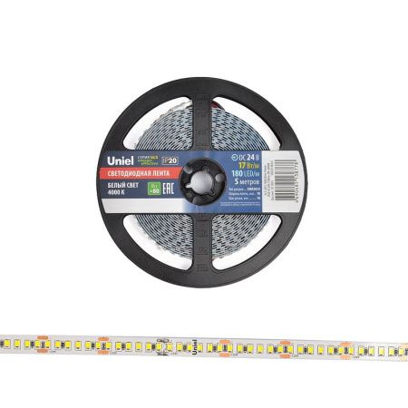 Светодиодная лента Uniel ULS-2835 ULS-2835-180LED/m-10mm-IP20-DC24V-17W/m-5M-4000K катушка в герметичной упаковке