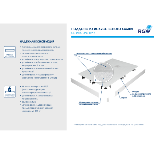 Душевой поддон RGW Stone Tray 16152010-01K 100х100 искусственный камень белый - фото 5