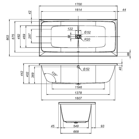 Ванна акриловая Am.Pm Func W84A-170-080W-A 170х80 пристенная прямоугольная без каркаса