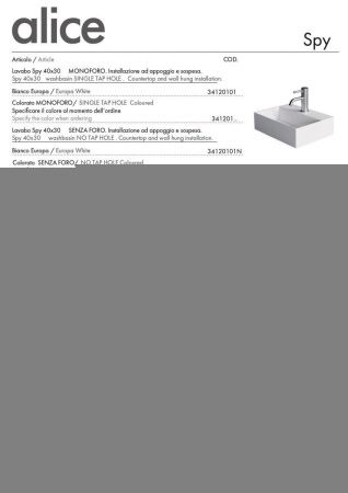 Раковина керамическая Alice Spy 34120101 40х30 подвесная цвет белый