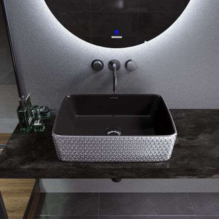 Раковина из сантехнического фаянса Grossman Color GR-3016SBR 50х40 накладная цвет черный/серебро без отверстий под смеситель