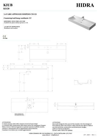Раковина керамическая Hidra Kiub KI120/001 120х50 подвесная цвет белый 1 отверстие под смеситель