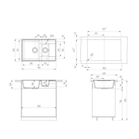 Кухонная мойка Grandex Aqua 600115 80х50 цвет черный поверхность матовая